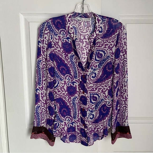 ZARA PURPLE PAISLEY PRINT TOP WITH BEADED CUFFS - Picture 4 of 14